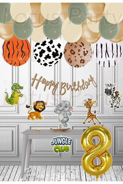 LOTUS PARTY Σετ Jungle Club - Σετ με τυπωμένο πανό και μπαλόνι γενεθλίων 8 ετών