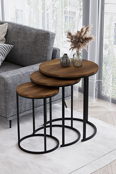 ED Efelez Design Zigon Sehpa , Paris 3'lü C Zigon Sehpa Takımı , Siyah Metal - Barok Tabla