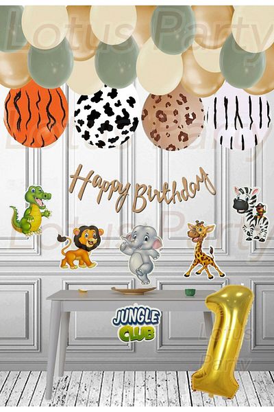 LOTUS PARTY Σετ Jungle Club - Σετ γενεθλίων με θέμα Safari με στάμπα Safari Banner Safari Printed Balloon Age 1
