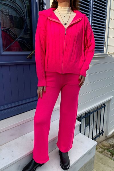Samsara Pink Zipper Detailed Hooded Cardigan Trousers Knitwear Double Set