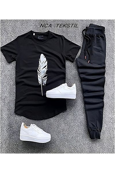 YOHO SPORT Feather Printed Original Unisex Summer T-shirt and Sweatpants 2-piece Set Combination Set