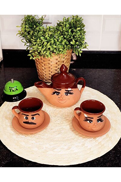 HerşeyTopraktan El Yapımı Emoji İfadeli 2 Kişilik Çay Fincan Takımı ve Çaydanlık