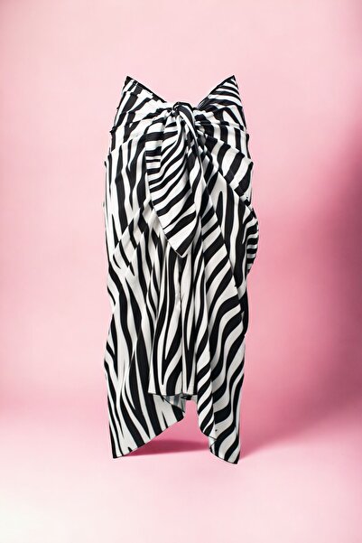 pistore Black Zebra Patterned Long Pareo Satin Women's Beach Dress New Season