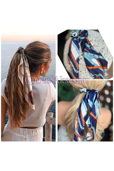 QUEEN AKSESUAR Trend Fashion - Navy Blue Satin Scarf, Elastic Chain Belt and Motif Pattern Shawl Scarf