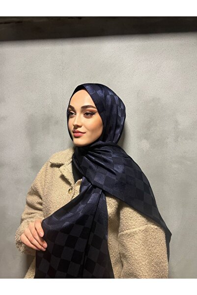 Scarf Tesettür Dama Desenli Lacivert Jakarlı Şal