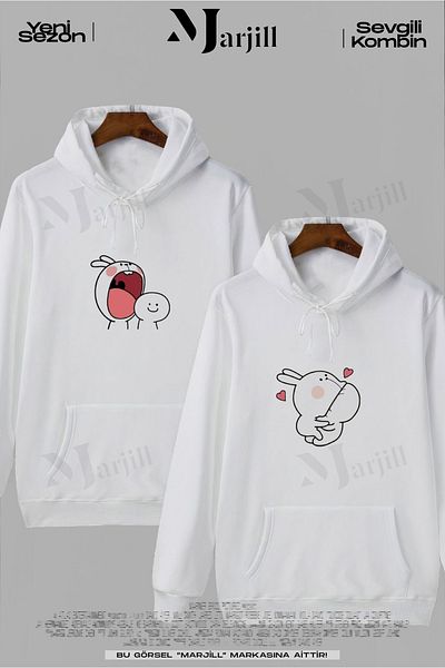 Marjill White Hooded Rabbit Design Couple Lover Sweatshirt Set of 2