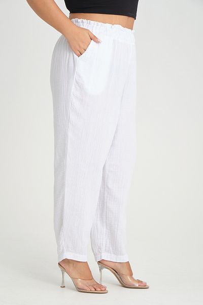 Dejabrew Jeans Elastic Waist White Muslin Trousers - a019-1