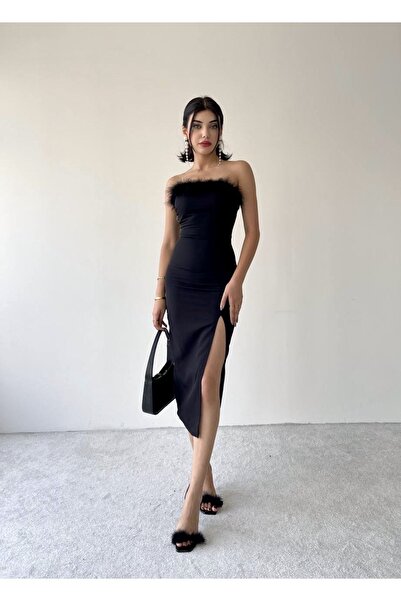 Afiş Butik Siyah Straplez Yırtmaçlı Elbise Yakası Tüy Detaylı