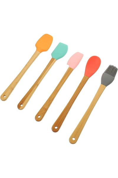 homeneeds 5-Color Bamboo Handle Mini Spatula and Brush Set