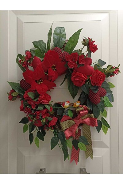 GÜLHOBY Kapı Süsü Kırmızı Gül Atatürk Çiçeği Çiçekli Yapay Kuş Duvar Dekorasyon Konsol Üstü Dekorasyon