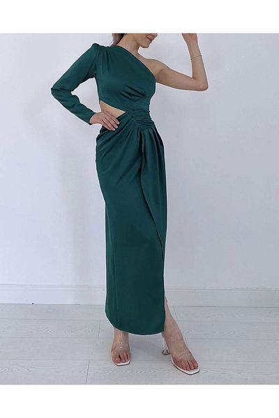 Afiş Butik Rochie din satin verde smarald cu un singur maneca