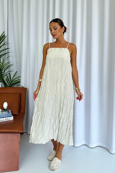 Mine Tan Butik Λινό Αμάνικο Λεπτό Γυναικείο Φόρεμα - Εκρού
