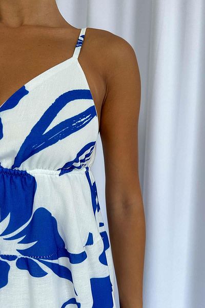 Mine Tan Butik Λευκό Μπλε Γυναικείο Φόρεμα με φλοράλ στάμπα - Ζαρτιέρες