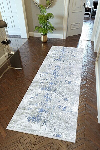 10 Post Online Gray Blue Digital Printed Runner Corridor Carpet - Non-Slip Base, Cutting Washable