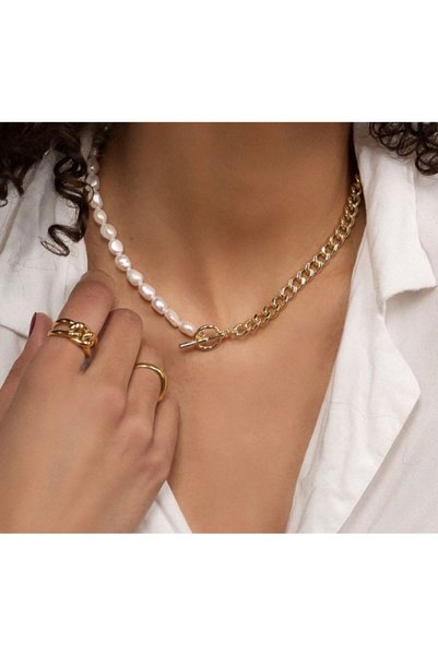 dalya Steel Necklace with Real Pearls