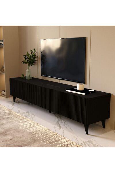 mmluxuryhome Elegance Plus - Modern Çizgi Kapaklı Mdf Siyah Tv Sehpası 160x45x30