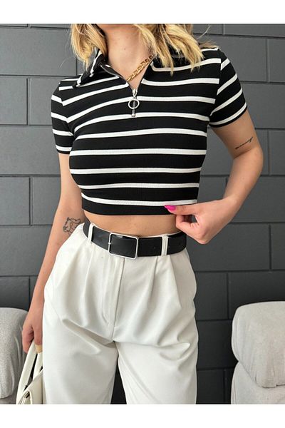 BİKELİFE Figurbetonte, gestreifte Damen-Kurzbluse mit Polokragen – Reißverschlussdetail