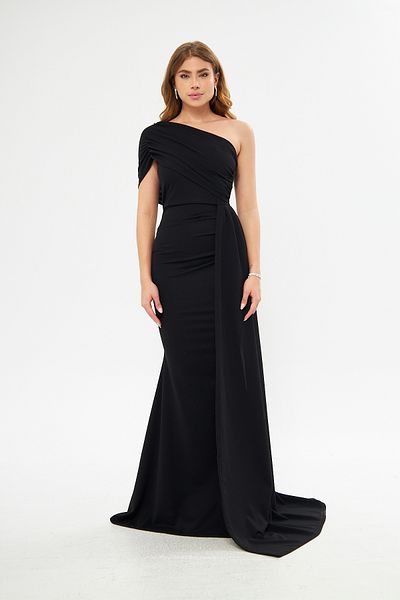 ModaLy Moda FLEXIBLE CREPE FABRIC BLACK COLOR EVENING DRESS WITH ONE SHOULDER DETAILED GL-684 582108