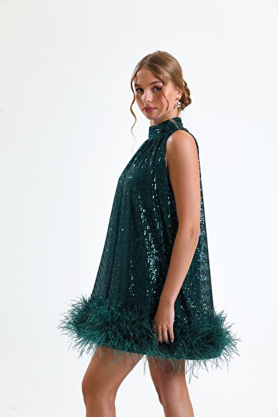 Tangül&Ali'S Moda Evi Yeşil Payetli Tüylü Elbise