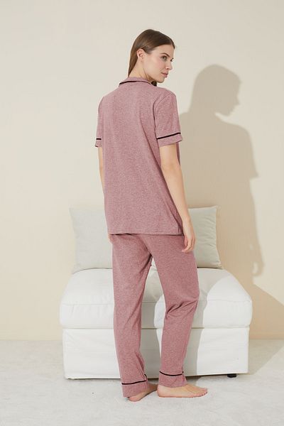Siyah İnci Cotton Melange Pajama Set - Short Sleeve and Buttoned