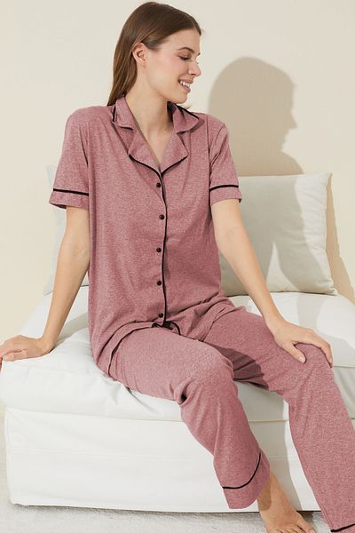 Siyah İnci Cotton Melange Pajama Set - Short Sleeve and Buttoned