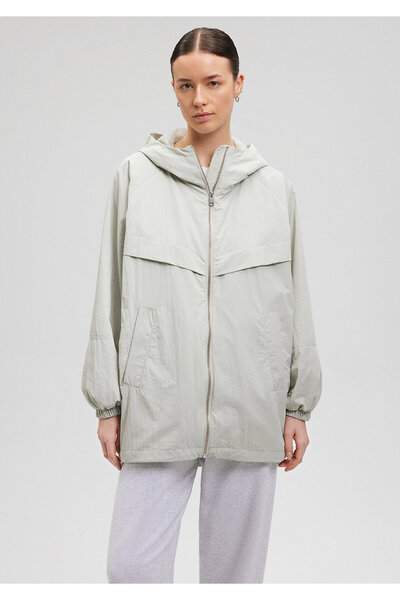 Mavi Kapüşonlu Gri Ceket Oversize / Geniş Kesim 1110320-70078