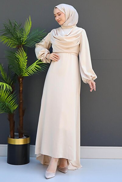 GİZ AGİYİM Κρεμ Χρώμα Degaje Φόρεμα με Παραμύθι