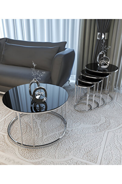 Puklife 4lü Ceylin Zigon Ve Orta Sehpa Seti Gümüş Renk Metal Ayak Siyah Cam