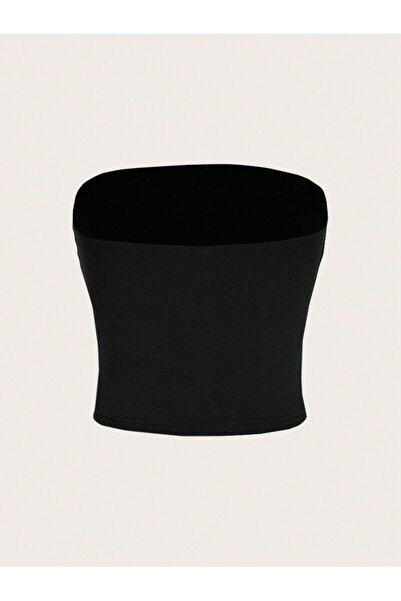 Jose Clothing Black Strapless Ribbed Printed Crop Blouse