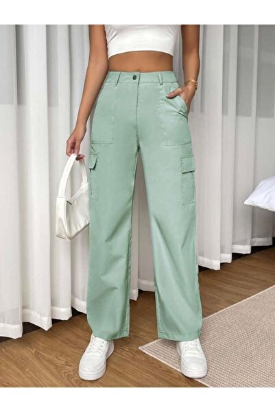 SU SHE Pantaloni cargo turcoaz cu talie înaltă - cu buzunare