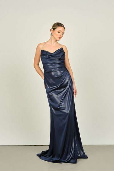 Saygın Navy Blue Glitter Shiny Evening Dress - Stone Chain Strap, Deep Slit 4535