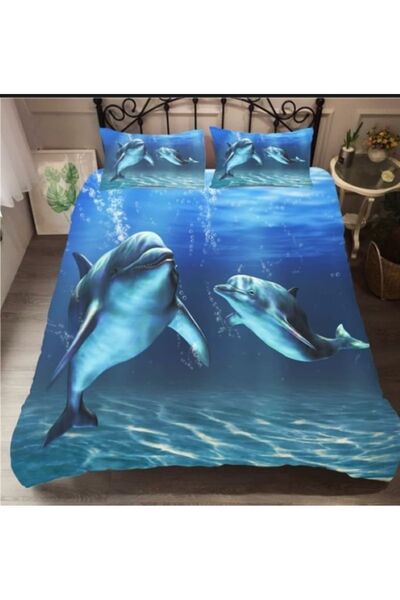 Elmas Dizayn 3D Children's Duvet Cover Set - 160*240 Cm, Blue, Fish Antibacterial, Organic Cotton and Satin