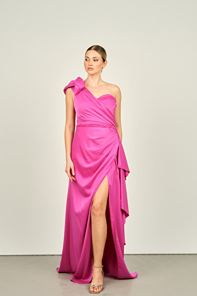 Saygın Fuchsia Satin Evening Dress - Single Shoulder, Deep Slit, Model 4564