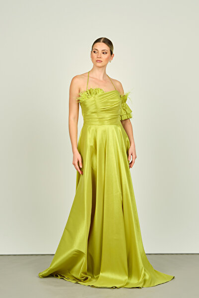 Saygın Pistachio Green Taffeta Fabric Evening Dress with Halter Neck and Sleeve Detail 3496