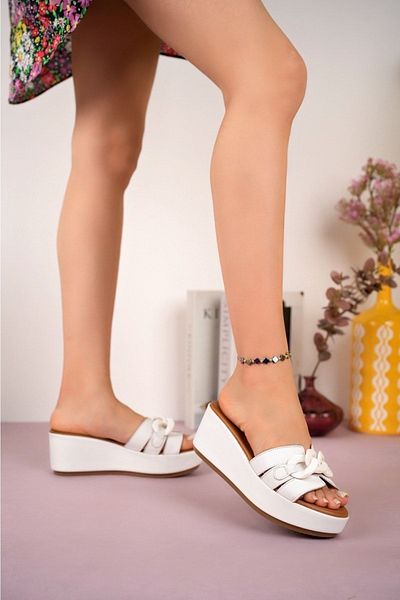 ERNİLA Genuine Leather Wedge Heel Buckle Slippers