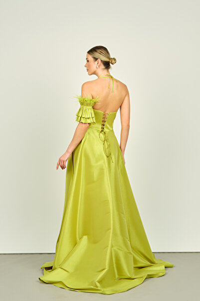 Saygın Pistachio Green Taffeta Fabric Evening Dress with Halter Neck and Sleeve Detail 3496
