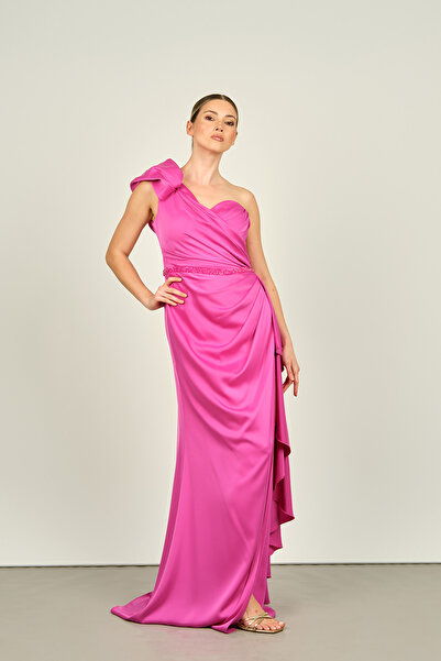Saygın Fuchsia Satin Evening Dress - Single Shoulder, Deep Slit, Model 4564