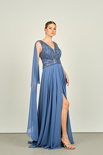 Saygın فستان سهرة نسائي مطرز بالأحجار والترتر باللون النيلي - 4556