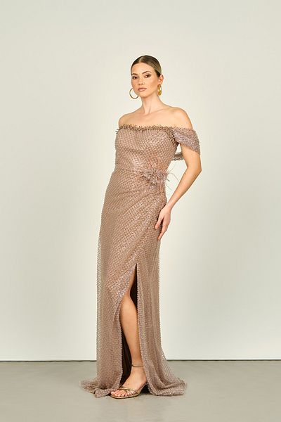 Saygın Strapless and Jewelled Sequined Women's Evening Dress - Mink 4570
