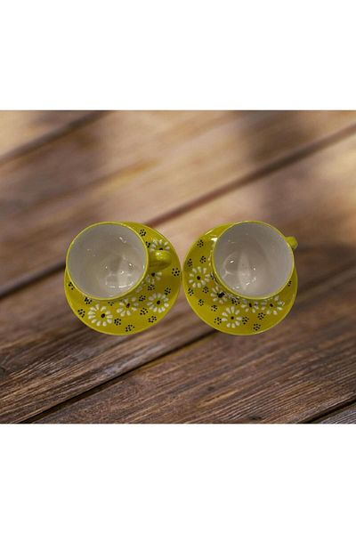 NADİR Ceramic Hand Embroidered 2-Person Cup Set Yellow Daisy
