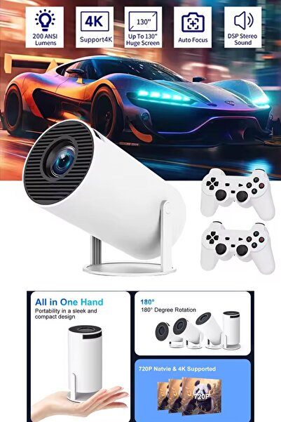 TECHNOMEN Beyaz Oyun Modlu Atari Konsol Hediyeli Taşınabilir Sinema Projeksiyon 1280*720p Android