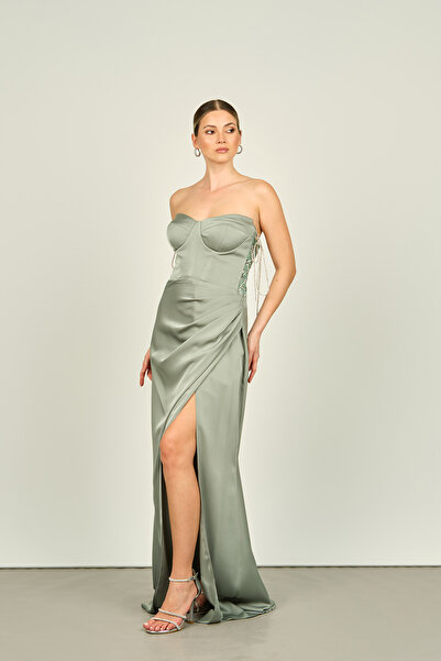 Saygın Çağla - Strapless Collar and Deep Slit Satin Women's Evening Dress 3534