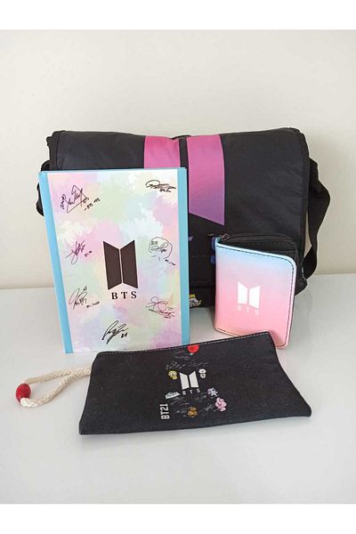Alanç Gift Special Design Bts Printed Messenger Bag and Shoulder Bag, Notebook, Wallet, Cloth Pen Holder, Gift Set