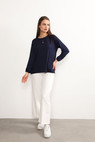 ziend fashion Women's Lycra Mid-Age and Above Four Seasons Navy Blue Mother's Combed Cotton Blouse with Button Pattern and Elastic Sleeves