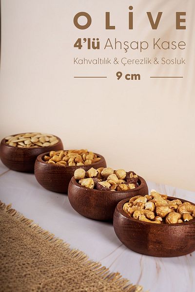 Fhilli Olive - 9 cm Round Wooden Snack Bowl, 4 Pieces
