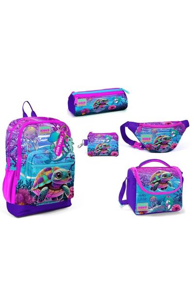 Coral High Yavru Kaplumbağa Desenli Kız Çocuk İlkokul Çanta Seti-Beş Parçalı Set