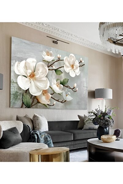 TRADE AYS Yağlı Boya Efetkli Yosun Yeşili-gri Tabanlı Büyük Çiçek Kanvas Duvar Tablo