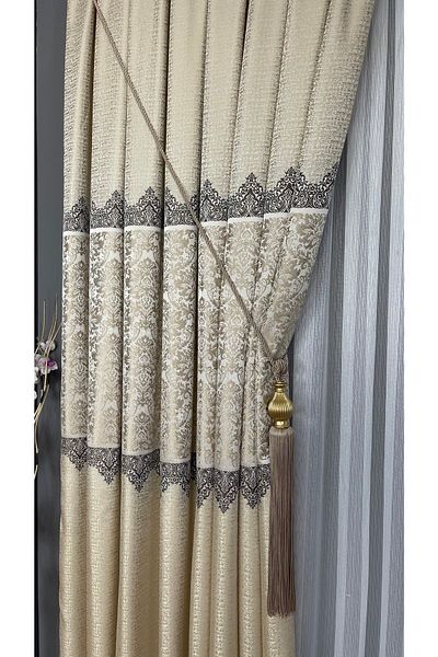 Yuka Panel Background Curtain Cream Beige Single Wing Closely Pleated Jacquard Semi-Glossy Patterned 100 X 260