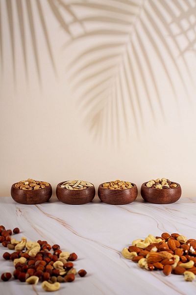 Fhilli Olive - 9 cm Round Wooden Snack Bowl, 4 Pieces
