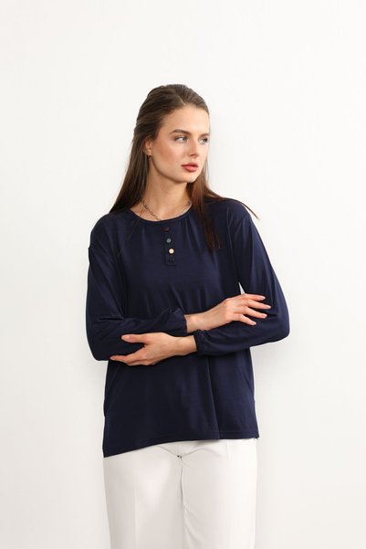 ziend fashion Women's Lycra Mid-Age and Above Four Seasons Navy Blue Mother's Combed Cotton Blouse with Button Pattern and Elastic Sleeves